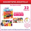 A collage of images showcasing a magnetic building block game with construction vehicles. Produktbild-Vorschau