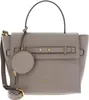 A studio shot of a gray handbag.