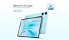 A light blue tablet is shown at an angle, with its screen facing the viewer. The screen displays a colorful abstract wallpaper with the time '20:00'. The back of the tablet is also visible, showing a dual-camera setup. A TÜV Rheinland certification logo is Produktbild-Vorschau