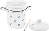 A white ceramic fermentation pot with blue floral accents, a wooden tamper, and a lid, displayed on a white background. Voir les images du produit