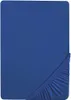 A blue fitted sheet is shown from a top-down perspective, with the elasticized corner visible in the bottom right. Produktbild-Vorschau