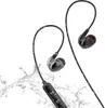 A pair of wireless earbuds with a black cable and black earbuds with red accents, shown with water splashes. Produktbild-Vorschau