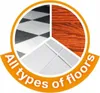 A circular graphic divided into three sections, each showing a different type of flooring: checkered tile, wood grain, and white tile. Text in an orange arc below reads 'All types of floors'. Produktbild-Vorschau
