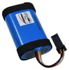 A blue battery pack with black foam padding on either end and a black connector with colored wires. Produktbild-Vorschau