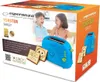 The image shows the packaging of a blue Esperanza toaster with smiley face designs. Two children are pictured in the background, smiling and looking at the toaster. Produktbild-Vorschau