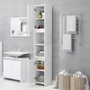 A white bathroom cabinet with open doors, displaying shelves with toiletries and baskets, next to a sink and a towel rack. Náhled obrázku produktu