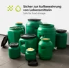 A collection of green plastic barrels of various sizes, some filled with grain or other materials, arranged on a tiled floor against a light gray and white background. Produktbild-Vorschau