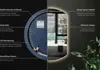 A split image showing the technical details of an LED mirror on the left and a lifestyle shot of the mirror in a bathroom on the right. Produktbild-Vorschau