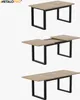 Three views of a wooden extendable dining table with black metal legs against a white background. Podgląd zdjęcia produktu