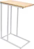 A side view of a C-shaped side table with a light oak wood top and a white metal frame, isolated on a white background. Produktbild-Vorschau