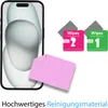 A smartphone screen protector kit with cleaning wipes and a microfiber cloth. Produktbild-Vorschau