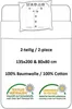 A diagram of a duvet cover and pillowcase set with care instructions and certifications. Produktbild-Vorschau