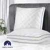 Two white pillows with blue trim are displayed on a bed. Produktbild-Vorschau