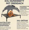 A dog is lying on an XXL dog bed with a canopy, with marketing text and feature descriptions surrounding it. Produktbild-Vorschau