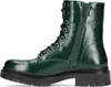 A side view of a green patent leather boot with black laces and a thick black sole. Produktbild-Vorschau