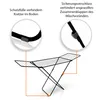 Diagram showing features of a black foldable drying rack. Produktbild-Vorschau