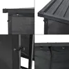 Collage of close-up shots showing the details of a black metal firewood rack. Voir les images du produit