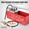 A red hydraulic pressure testing pump with a gauge and hose, with text overlays highlighting features. Produktbild-Vorschau