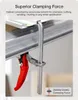 A close-up of a clamp securing a piece of material to a metal track. Produktbild-Vorschau