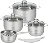A set of stainless steel pots and pans with glass lids, arranged on a white background. Produktbild-Vorschau