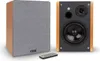 Two speakers and a remote control on a white background. Produktbild-Vorschau