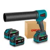 A cordless leaf blower with two batteries and a cardboard box. Voir les images du produit