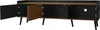 An open TV cabinet with black exterior and brown interior, showing storage compartments and cable management hole. Produktbild-Vorschau