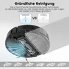A close-up view of the underside of a robot vacuum cleaner, highlighting its main brush and mop attachment, with diagrams illustrating its cleaning features. Produktbild-Vorschau