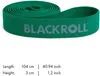 A green resistance band with the brand name 'BLACKROLL' printed on it, rolled up and presented on a white background. Below the band, dimensions are listed in both centimeters and inches. Podgląd zdjęcia produktu