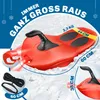 A red sled on snow with text overlays and measurements. Produktbild-Vorschau