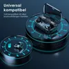 A pair of wireless earbuds in a charging case is displayed on a circular platform with glowing blue markings resembling a gauge or dial. Another charging case with one earbud is shown on a similar platform in the foreground. Produktbild-Vorschau