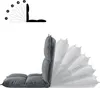 A dark gray floor chair is shown in multiple positions, demonstrating its adjustability. A diagram above illustrates the 5-step adjustment mechanism. Voir les images du produit