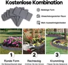 A collage of images showing garden edging in different configurations and settings, with text overlays explaining features and options. Produktbild-Vorschau