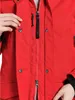 Close-up of a red parka jacket, focusing on the zipper and buttons. Produktbild-Vorschau