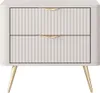 A beige nightstand with two drawers and gold handles, shown from the front on a white background. Produktbild-Vorschau