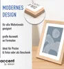 A framed picture with abstract art is displayed on a wooden surface, with marketing text and a close-up detail of a frame's edge on the left side. Produktbild-Vorschau