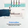 A close-up shot of a sewing machine with a piece of denim being fed into it, with text overlay describing its function. Produktbild-Vorschau
