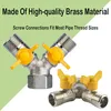 Two brass Y-splitters with yellow handles are shown against a light green and white background. Text overlays describe the product's material and compatibility. Produktbild-Vorschau
