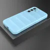 A light blue phone case with a ribbed texture is shown from a diagonal angle on a dark gray surface. Produktbild-Vorschau