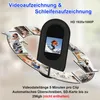 A black thumb-sized camera is shown with a circular arrangement of smaller images depicting various activities and scenes. Produktbild-Vorschau