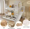 A white bunk bed with a slide, drawers, and a house-like structure on top, set in a child's bedroom. Insets show material samples and a paint droplet. Podgląd zdjęcia produktu