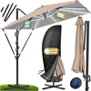 A collage of images showing a large cantilever umbrella, its cover, and a solar panel. Produktbild-Vorschau