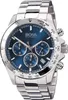 A close-up studio shot of a Hugo Boss men's watch with a blue dial and silver metal band. Voir les images du produit
