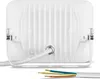 The back of a white LED floodlight with its power cable and exposed wires. Produktbild-Vorschau