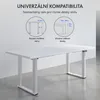 A white adjustable desk frame shown with diagrams indicating its compatibility and size. Náhled obrázku produktu