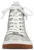 Auf dem Bild ist ein grauer flacher Schuh zu sehen der von der Seite betrachtet wird. Der Schuh hat eine schlichte und elegante Form mit einer texturierten Oberfläche. Produktbild-Vorschau