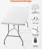 A white folding table with diagrams highlighting its features. Produktbild-Vorschau