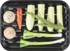A top-down view of a black grill tray filled with various raw vegetables and herbs, prepared for cooking. Produktbild-Vorschau
