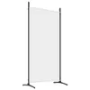 A white fabric screen is held up by a black metal frame with two stabilizing feet on the ground. Voir les images du produit