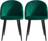 Two dark green velvet dining chairs with diamond tufting and black metal legs, shown from the front against a white background. Podgląd zdjęcia produktu